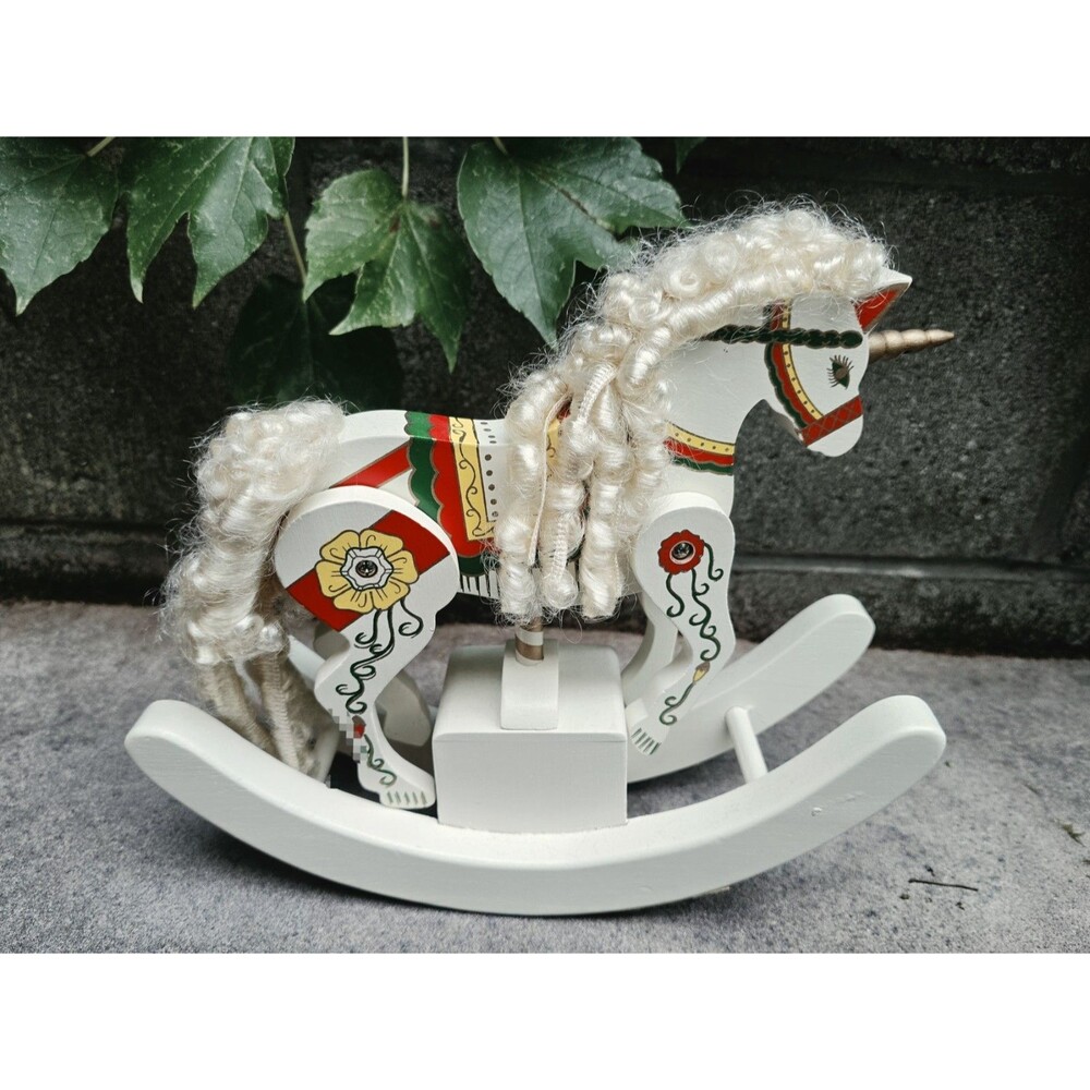 Musical Unicorn Wooden Rocking Carousel Horse Vintage 1970s 11"x9.5"x3.75"